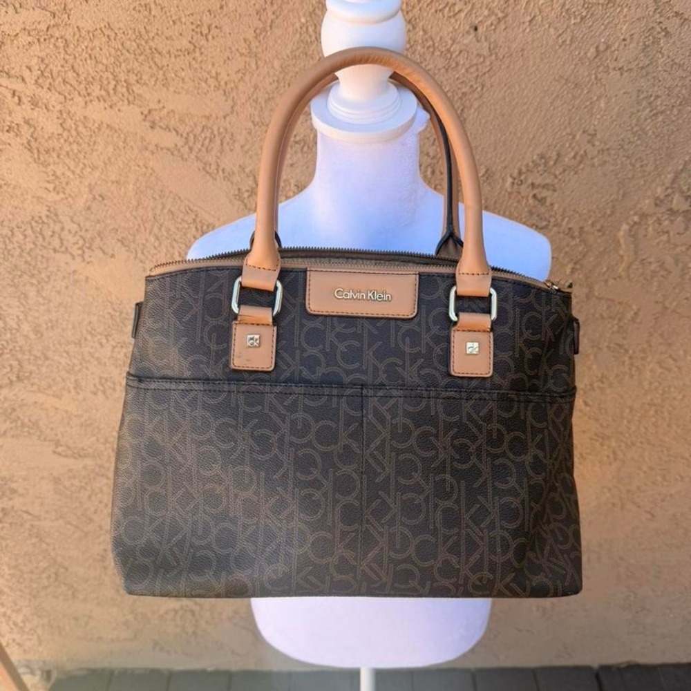 Calvin klein brown and tan monogram bag with gold hardware